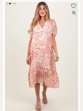 Pink Paisley Front Tie Ruffle Trim Maternity Midi Dress